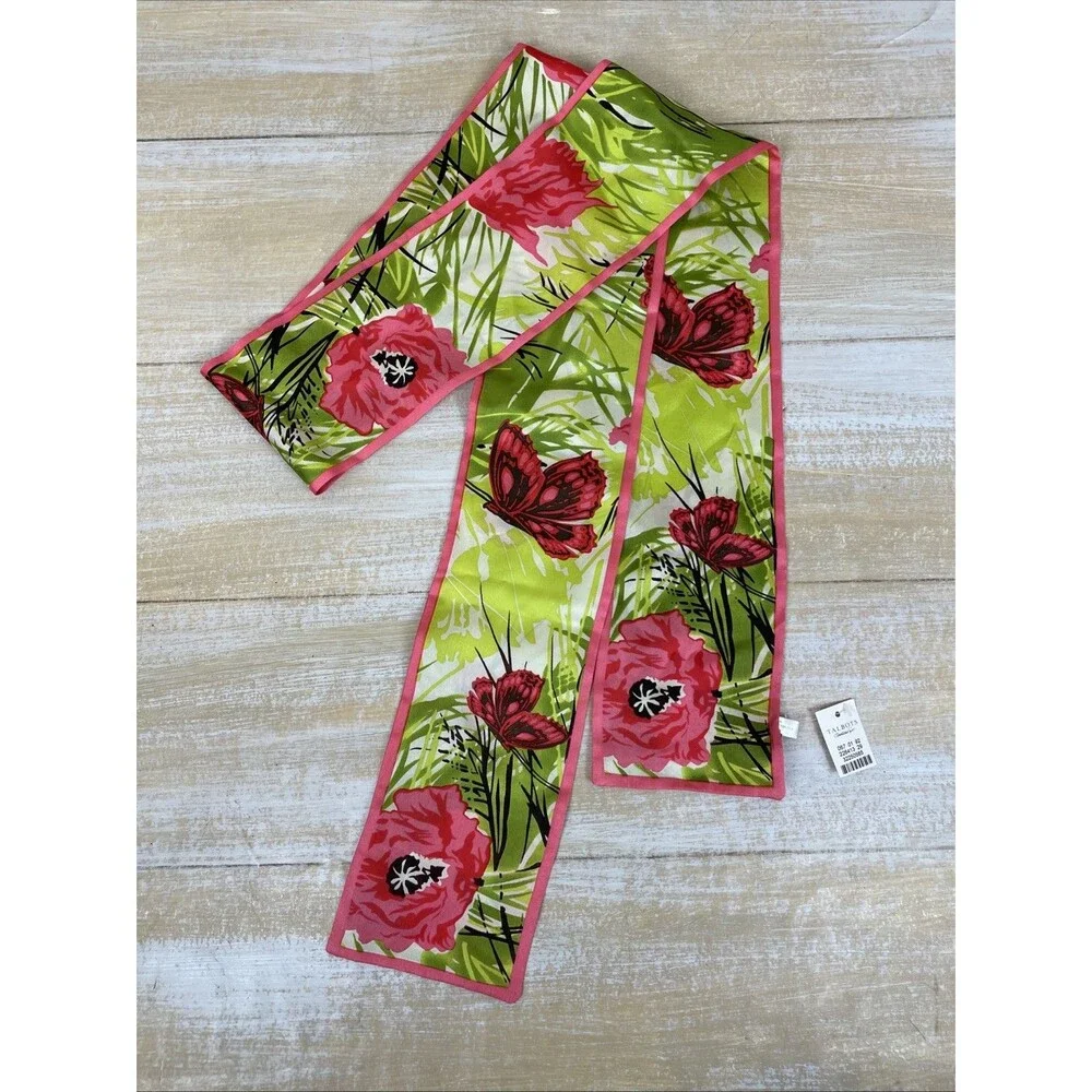 Talbots 100% Silk Pink & Green Floral & Butterflies Scarf 66” X 4” *NWT